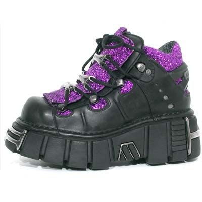 M.106-R1 New Rock Gothic Black Leather Shoes with Purple Glitter