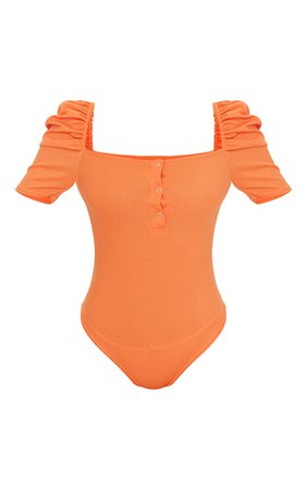 Orange Rib Puff Short Sleeve Bodysuit | Tops | PrettyLittleThing