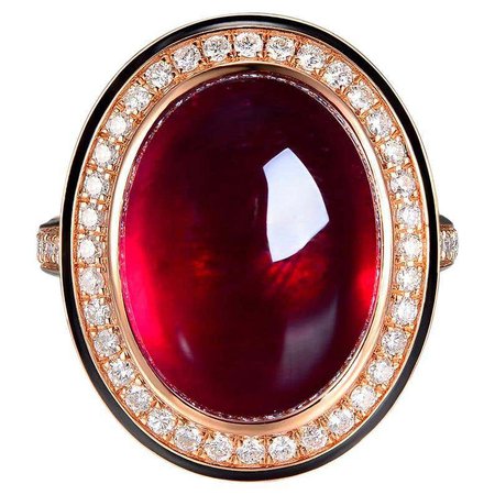 Cabochon 18.19 Carats Glass-Filled Ruby Enamel Cocktail Ring in 18K Rose Gold For Sale at 1stDibs