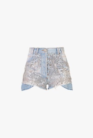 High-waist denim shorts with silvertone embroidery | Balmain
