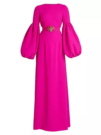 Shop ANDREW GN Crepe Belted Puff-Sleeve Gown | Saks Fifth Avenue
