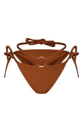 Brown Ribbed Ring Tanga Bikini Bottoms | PrettyLittleThing USA