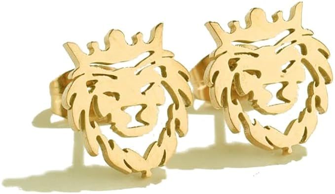 Amazon.com: Minimalist Lion Head Stud Earrings Stainless Steel Hollow Animal Crown Pierced Studs Earring Fashion Jewelry for Women Teen Girls BBF Hypoallergenic (Gold): Clothing, Shoes & Jewelry