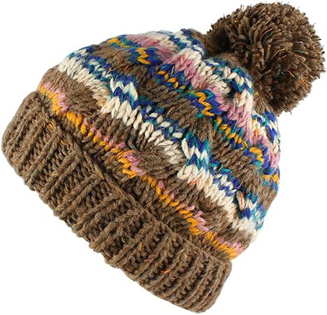 Morehats Bohemian Stripe Crochet Knit Slouchy Pom Pom Handmade Beanie Winter Ski Warm Hat - Mocha at Amazon Women’s Clothing store