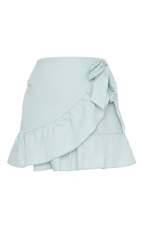 Petite Sage Green Frill Detail Woven Wrap Skirt | PrettyLittleThing