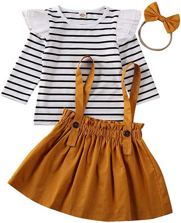 Baby Girl Linen Suspender Skirt Set Long Sleeve Shirts Ruffled Dress Clothes 0-24Months (Ginger, 2-3T): Clothing