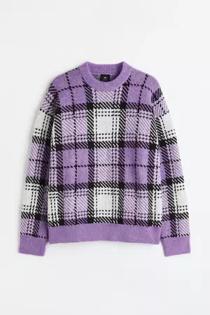Oversized Fit Jacquard-knit Sweater - Purple/plaid - Men | H&M US