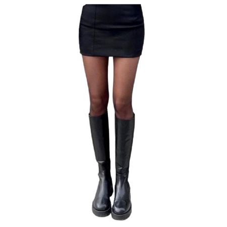 black mini skirt tights calf high leather boots outfit png