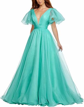 Amazon.com: Bekvamlighet Deep V-Neck Prom Dresses Long Short Sleeves for Wedding Guest Ball Gowns Organza Out Door Bridal Gowns Backless : Clothing, Shoes & Jewelry