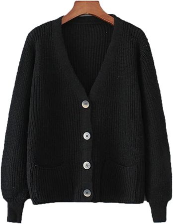 Women Ribbed Knit Cardigan V-Neck Front Pocket Button Down Dropped Long Sleeve Korean Black One Size at Amazon Women’s Clothing store