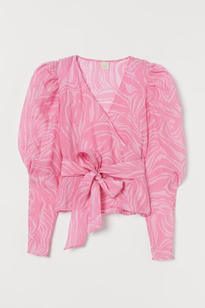 Puff-sleeved wrapover blouse - Pink/Patterned - Ladies | H&M GB