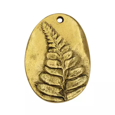Charm, Organic Oval with Fern Design 31.5mm, Antiqued Gold, by Nunn De — Beadaholique