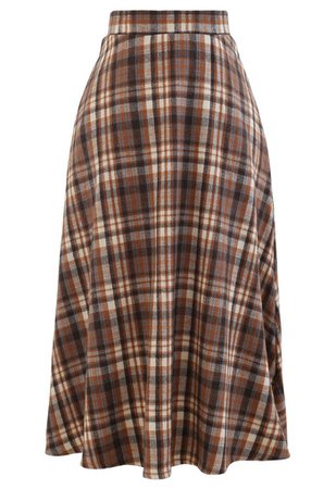 Plaid Wool-Blend A-Line Midi Skirt in Caramel - Retro, Indie and Unique Fashion