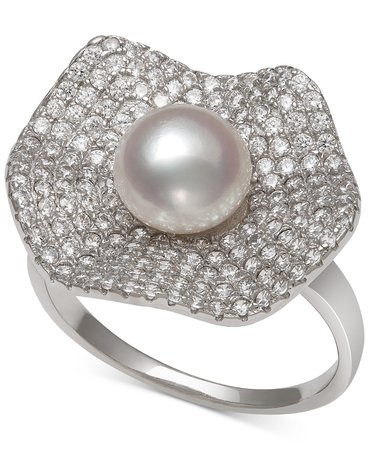 Belle de Mer Sterling Silver Cultured Freshwater Pearl & Cubic Zirconia Statement Ring