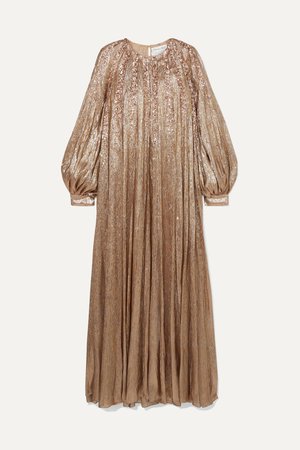 Gold Pleated embellished silk-blend lamé gown | Oscar de la Renta | NET-A-PORTER