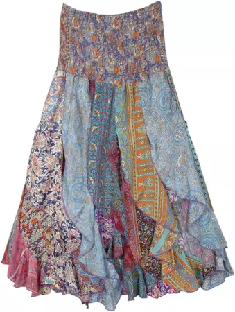 Pastel Palooza Sari Paneled Ruffled Boho Skirt | Multicoloured | Printed, Bohemian