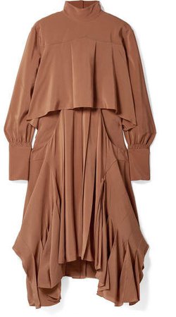 Asymmetric Pleated Silk Crepe De Chine Turtleneck Dress - Brown