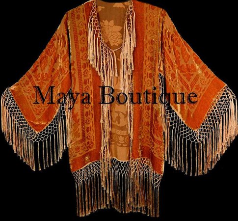 Orange Silk Burnout Velvet Fringe Jacket Short Kimono Maya | Etsy