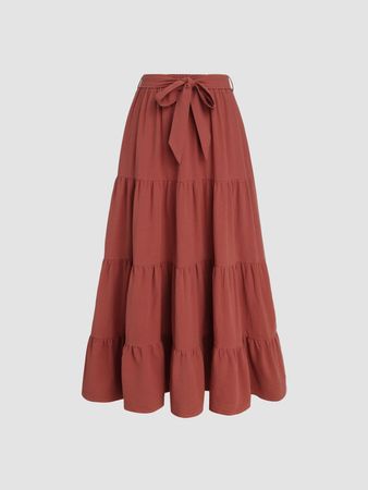 Solid Bowknot Tiered Maxi Skirt - Cider