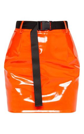 Orange Vinyl Zip Front Belted Mini Skirt | PrettyLittleThing