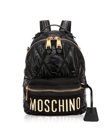 Moschino Black Quilted Nylon Signature Backpack W/gold Studs