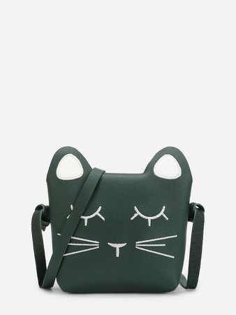 Cat Design Embroidered Detail Crossbody Bag