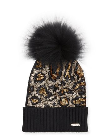 Bari Lynn Animal Sequin Beanie Hat w/ Fur Pompom | Neiman Marcus