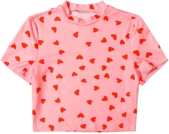 SweatyRocks Women's Summer Cute Short Sleeve Heart Print Slim Fit Crop Top T-Shirt Pink XL at Amazon Women’s Clothing store
