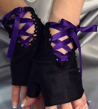 black and purple fingerless gloves