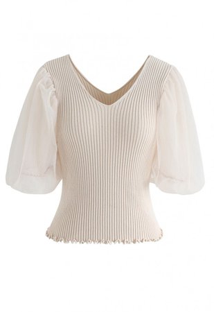 Mesh Sleeves V-Neck Fitted Knit Top in Sand - NEW ARRIVALS - Retro, Indie and Unique Fashion