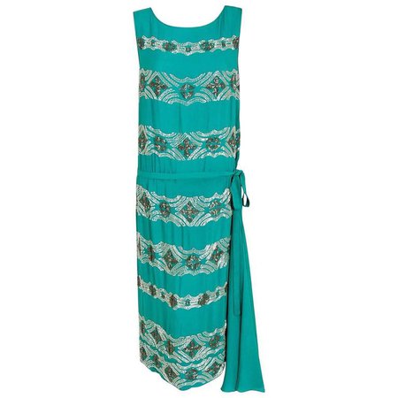 1920's French Turquoise-Blue Beaded Deco Floral Drop-Waist Swag Flapper Dress