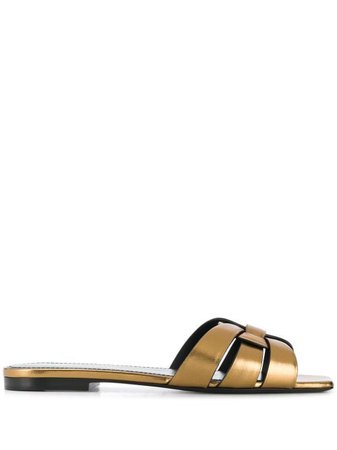 Shop Saint Laurent Tribute metallic-finish sandals with Express Delivery - FARFETCH