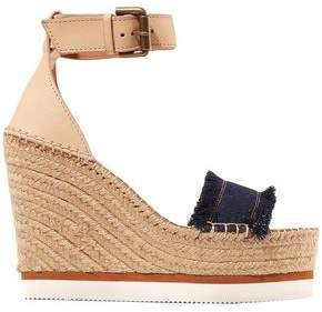 Leather And Denim Espadrille Wedge Sandals