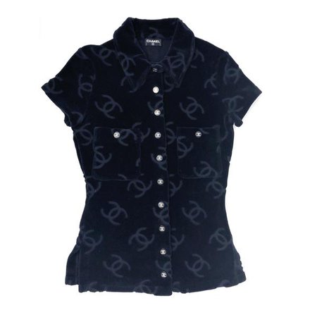 Chanel Black Velour Logo Button Up Short Sleeve - S – Treasures of NYC