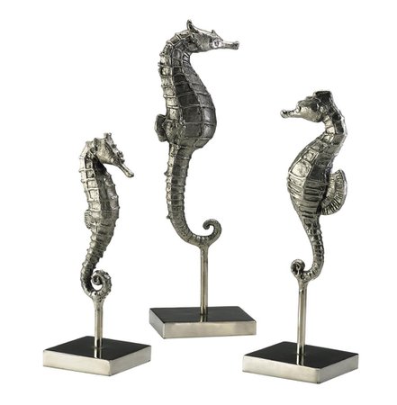 Biscayne Coastal Beach Antique Silver Seahorse Trio Sculpture
