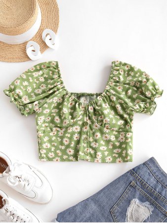[33% OFF] [POPULAR] 2020 Daisy Floral Puff Sleeve Crop Smocked Blouse In LIGHT GREEN | ZAFUL