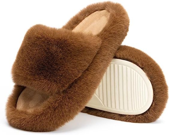 Dark Brown Chantomoo Women's Slippers Memory Foam House Bedroom Slippers for Women Fuzzy Plush Comfy Faux Fur Lined Slide Shoes Anti-Skid Sole Trendy Gift Slippers | Shoes