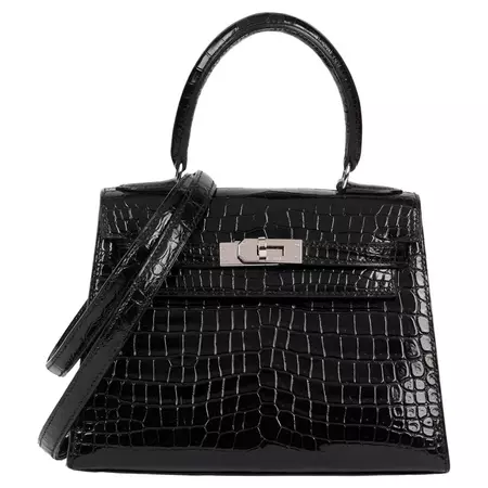 Hermès Black Shiny Porosus Crocodile Leather Vintage Kelly 20cm Sellier For Sale at 1stDibs