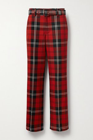 Belted Tartan Wool-twill Straight-leg Pants - Red