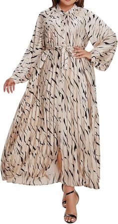 MLTULTUL Women's Long Sleeve Maxi Dress Flowy Casual Fall Button Down with Belt Evening Cocktail Party Dresses Beige at Amazon Women’s Clothing store