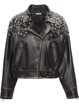 Miu Miu crystal-embellished cropped biker jacket