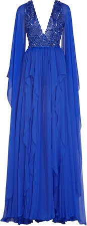 Zuhair Murad Beaded Cape-Sleeved Organza Gown Size: 34