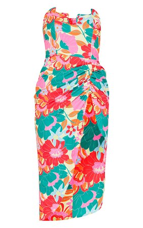 Multi Floral Print Wire Bandeau Split Midi Dress | PrettyLittleThing USA