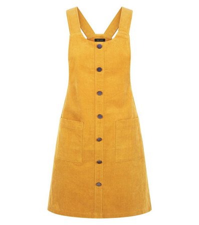 Mustard Button Front Corduroy Pinafore Dress | New Look