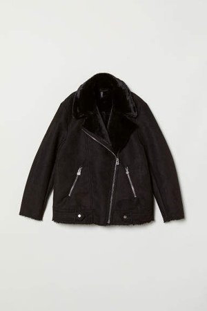 Faux Fur-lined Biker Jacket - Black