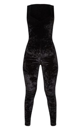 Black Crushed Velvet Sweetheart Neckline Jumpsuit | PrettyLittleThing
