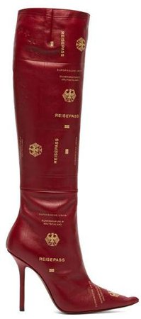 Passport Print Leather Knee High Boots - Womens - Burgundy