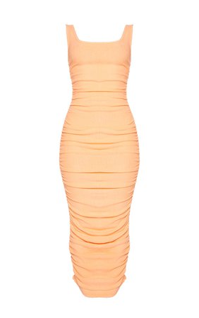 Tangerine Brushed Rib Sleeveless Ruched Midi Dress | PrettyLittleThing USA