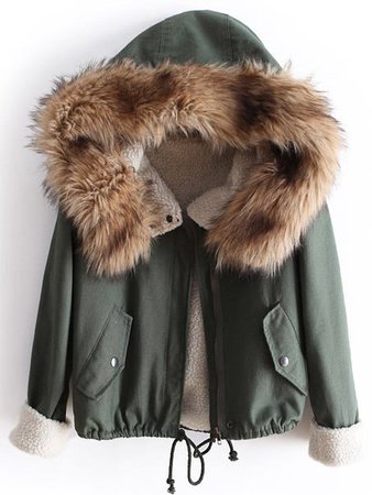 Green Fur Hooded Long Sleeve Quilted Drawstring Coat