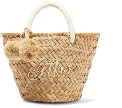 St Tropez Mini Pompom-embellished Embroidered Woven Straw Tote - Sand